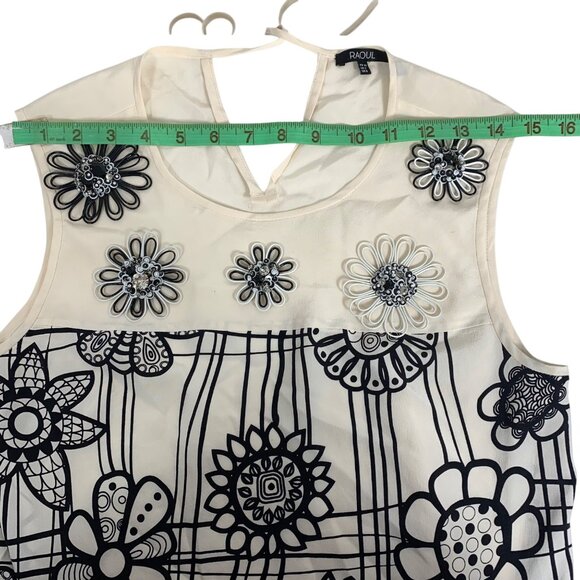 Raoul Womens 3D Floral Embellished Sleeveless 100% Silk Top Size 2 Ivory & Black - Picture 9 of 10